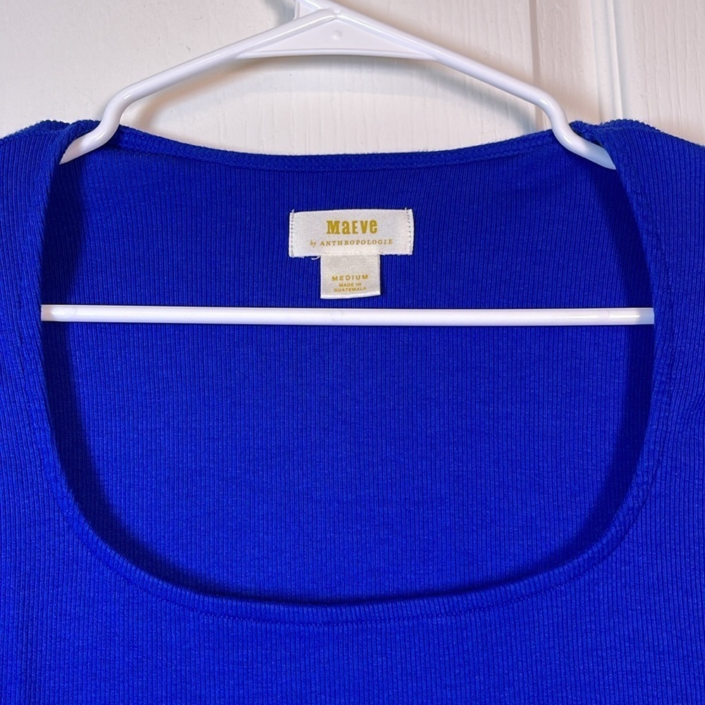 Maeve Anthropologie Blue Scoop Neck L/S Ribbed Blouse Shirt Medium EUC #0549-OC - Picture 5 of 6